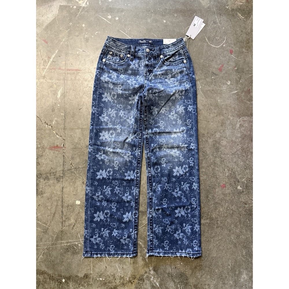 NWT Miss Me Floral Jeans 26 x 30 Blue Mid-Rise Slim Wide Embellished Pockets